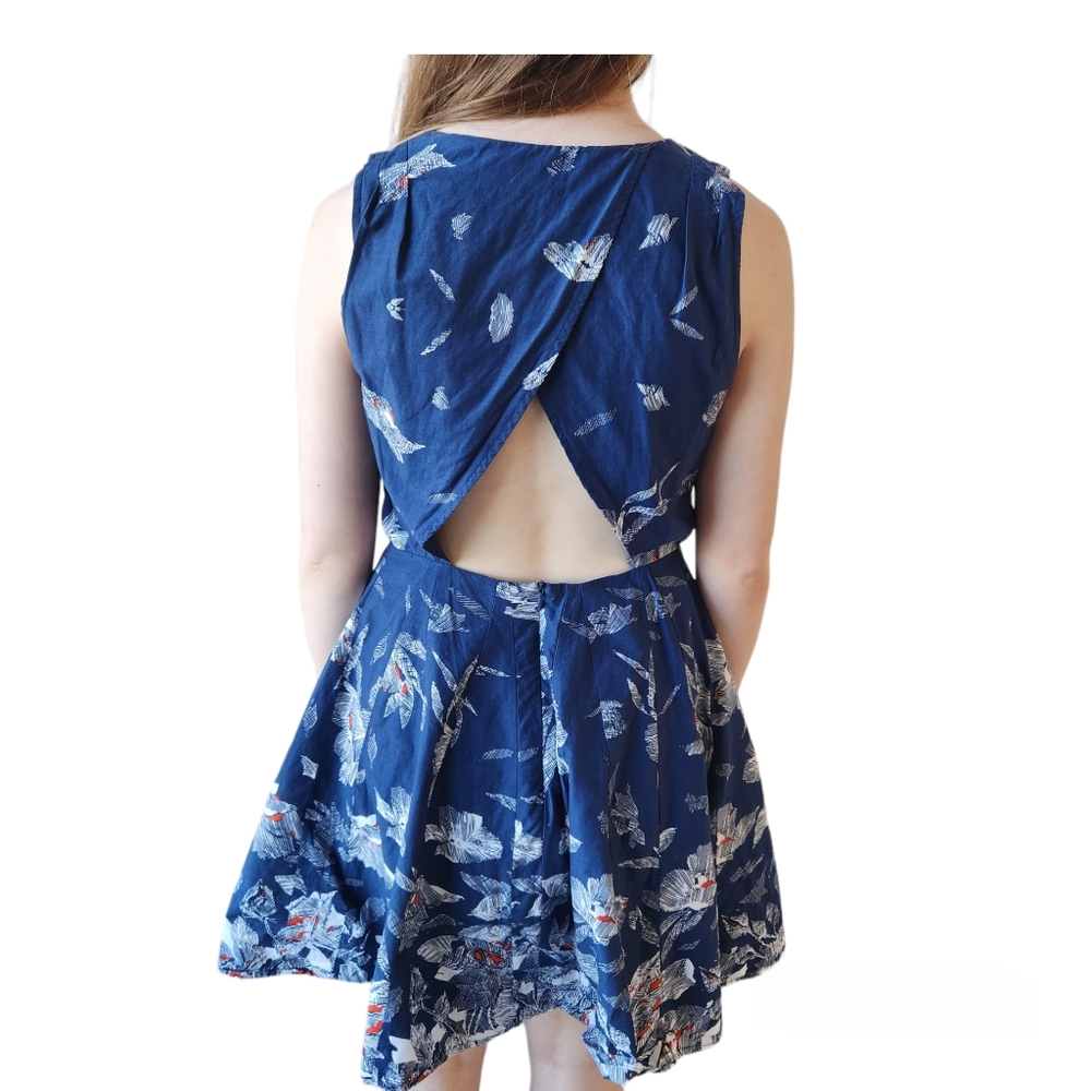 Lavand Navy Blue Dress White Orange Print Sleeveless Cutout Back Mini Medium - Picture 11 of 16